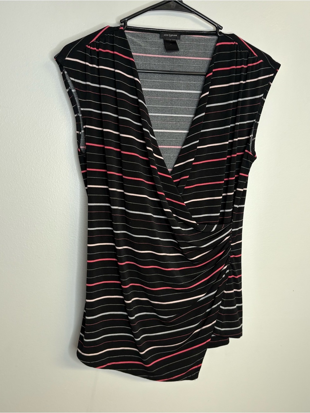 Ann Taylor Black Striped Surplice Drape Top with Pink & White Stripes